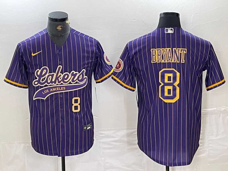 Mens Los Angeles Lakers #8 Kobe Bryant Purple Pinstripe Cool Base Stitched Baseball Jerseys->->NBA Jersey